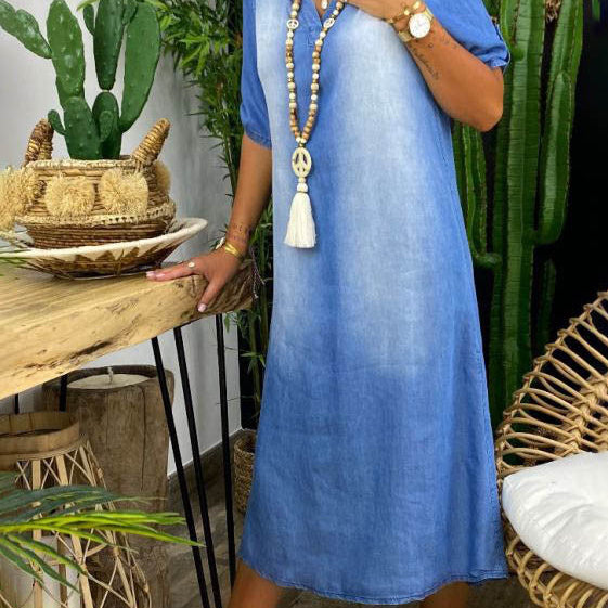 Ilze | Summer V-Neck Half-Denim Dress