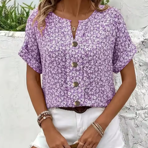 Amira | Airy Blouse with Floral Pattern & Wooden Button Details