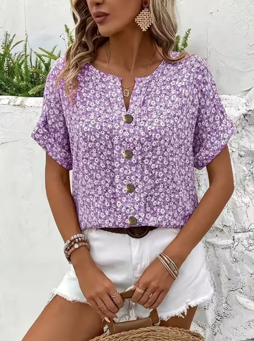 Amira | Airy Blouse with Floral Pattern & Wooden Button Details