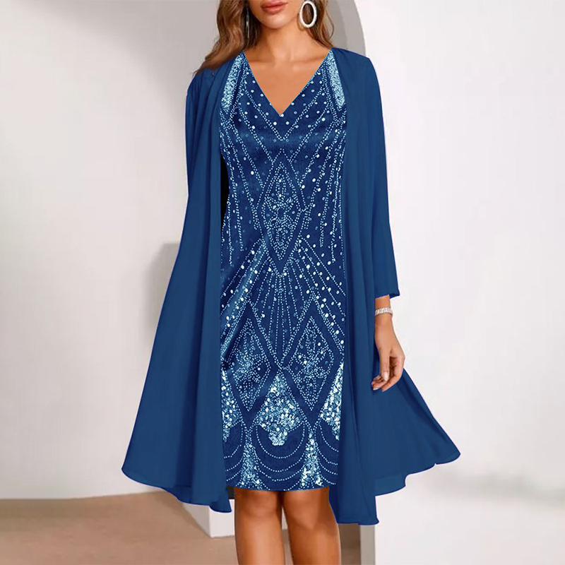 Women's Two-Piece Set: V-Neck Dress & Sheer Long Matching Jacket