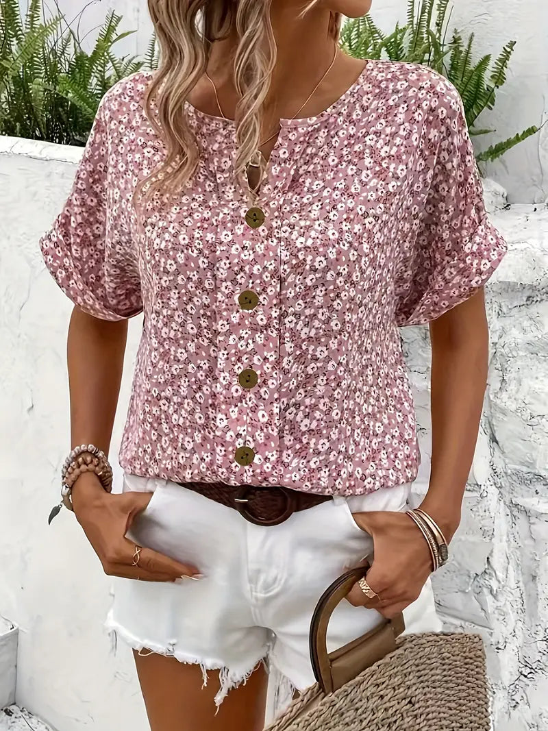 Amira | Airy Blouse with Floral Pattern & Wooden Button Details