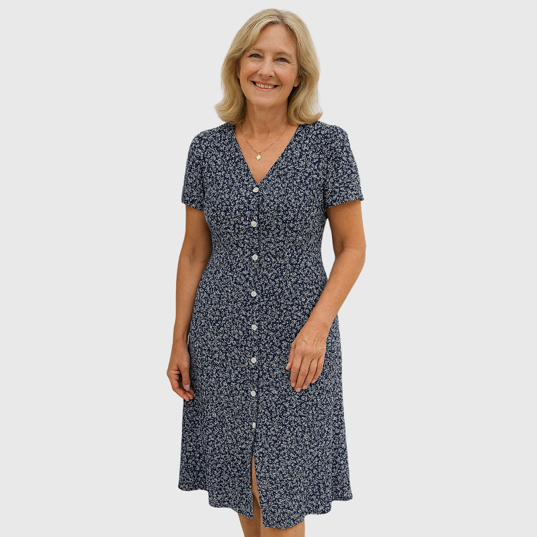 Cavell – Button-Front Dress with Feminine V-Neck & Comfort Stretch