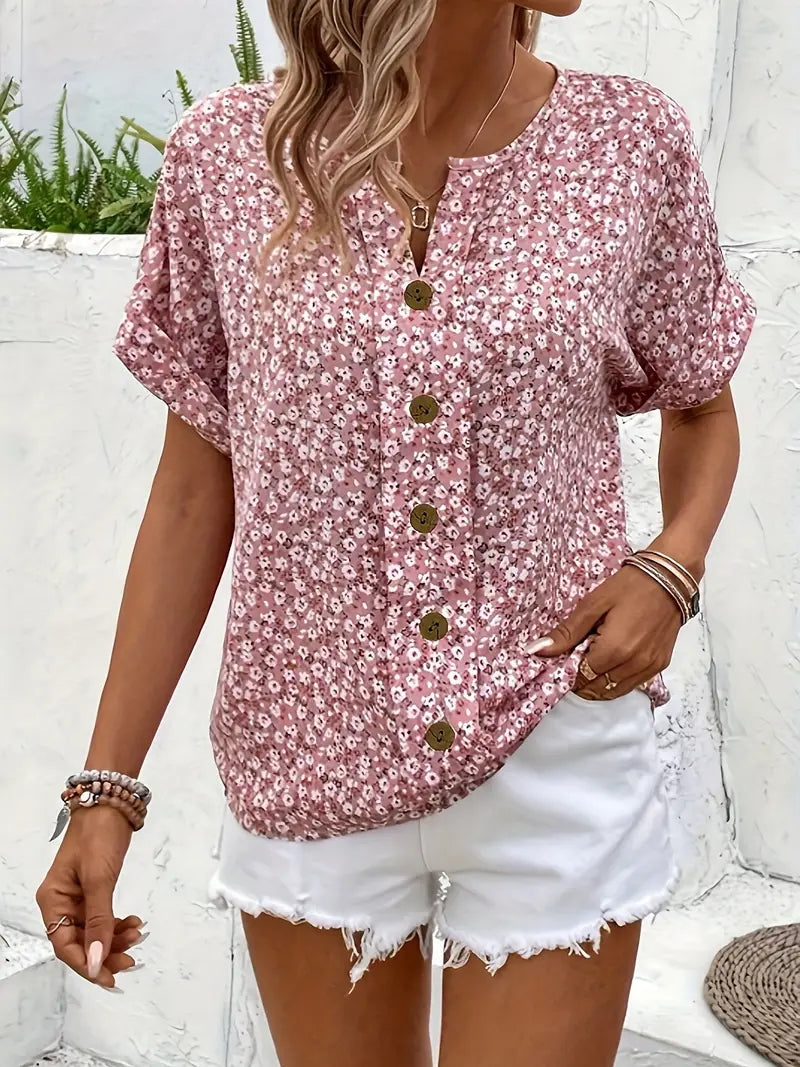 Amira | Airy Blouse with Floral Pattern & Wooden Button Details