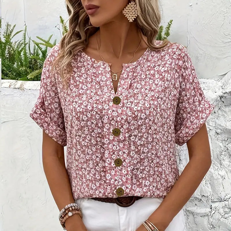 Amira | Airy Blouse with Floral Pattern & Wooden Button Details