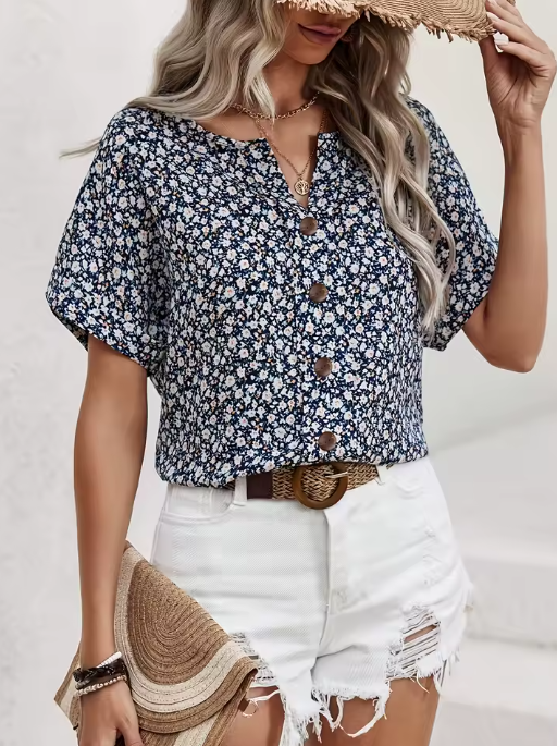 Amira | Airy Blouse with Floral Pattern & Wooden Button Details