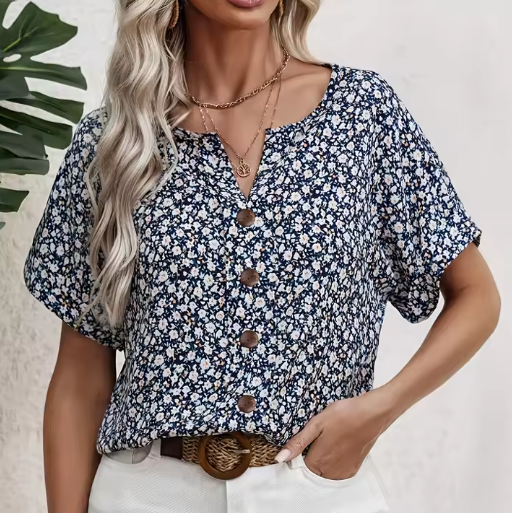 Amira | Airy Blouse with Floral Pattern & Wooden Button Details