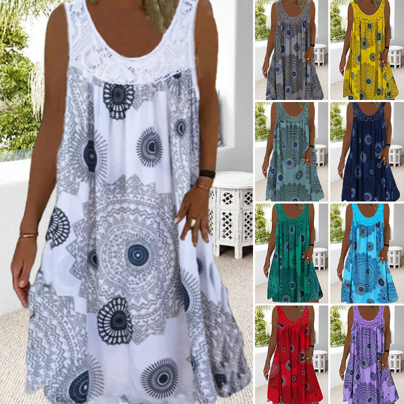 Women's summer O-neck sleeveless printed dress