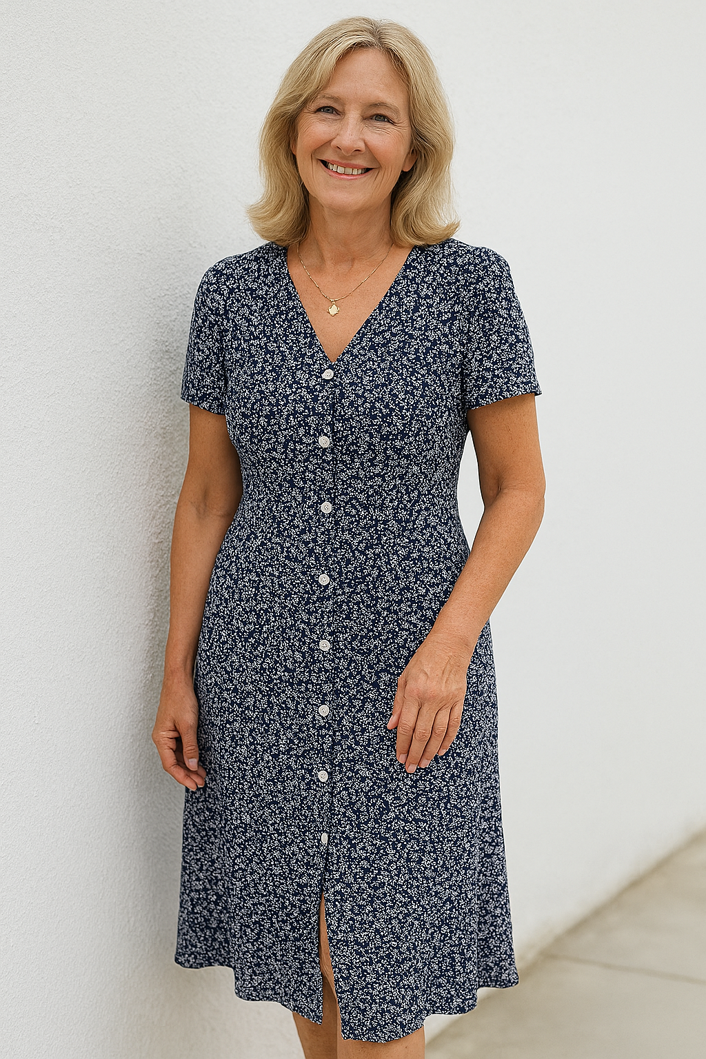 Cavell – Button-Front Dress with Feminine V-Neck & Comfort Stretch