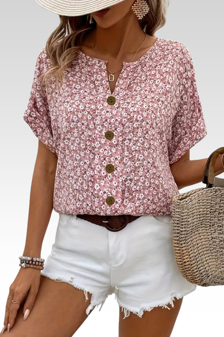 Amira | Airy Blouse with Floral Pattern & Wooden Button Details