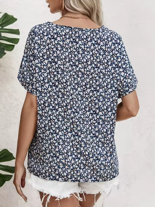 Amira | Airy Blouse with Floral Pattern & Wooden Button Details