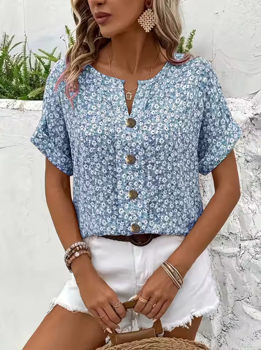 Amira | Airy Blouse with Floral Pattern & Wooden Button Details