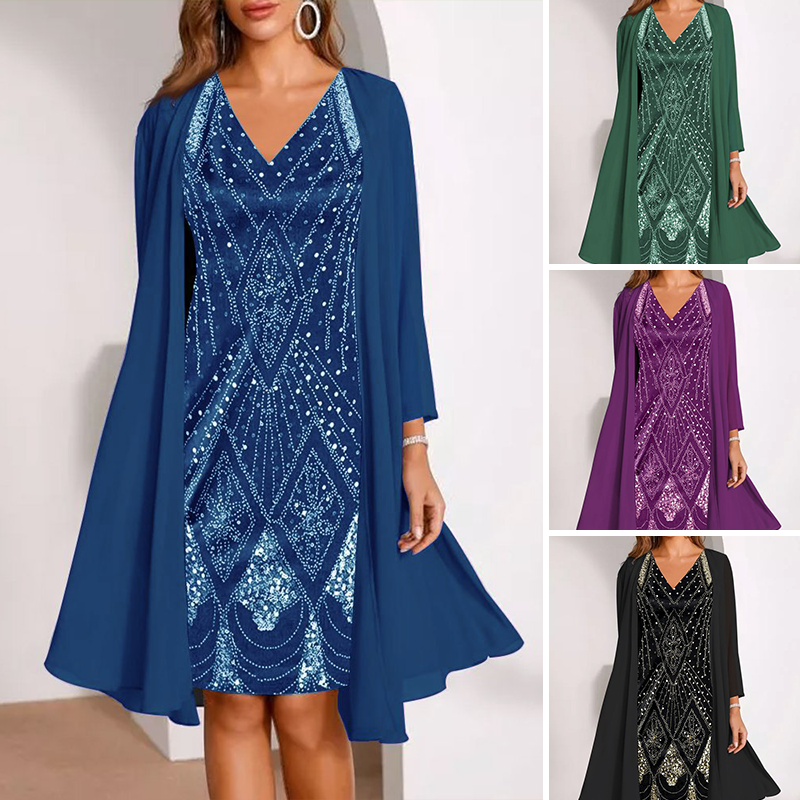 Women's Two-Piece Set: V-Neck Dress & Sheer Long Matching Jacket