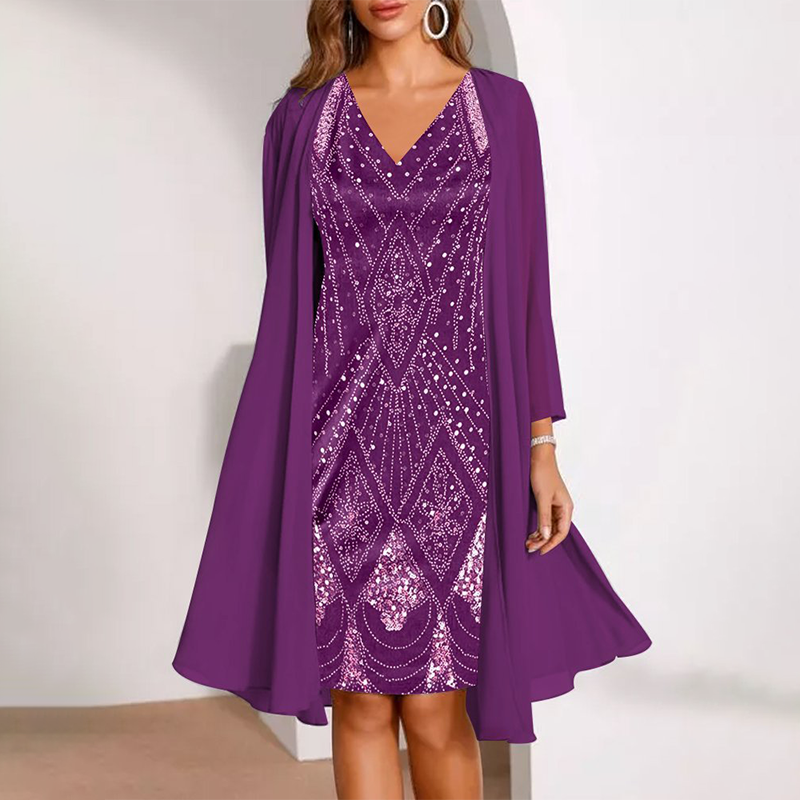 Women's Two-Piece Set: V-Neck Dress & Sheer Long Matching Jacket
