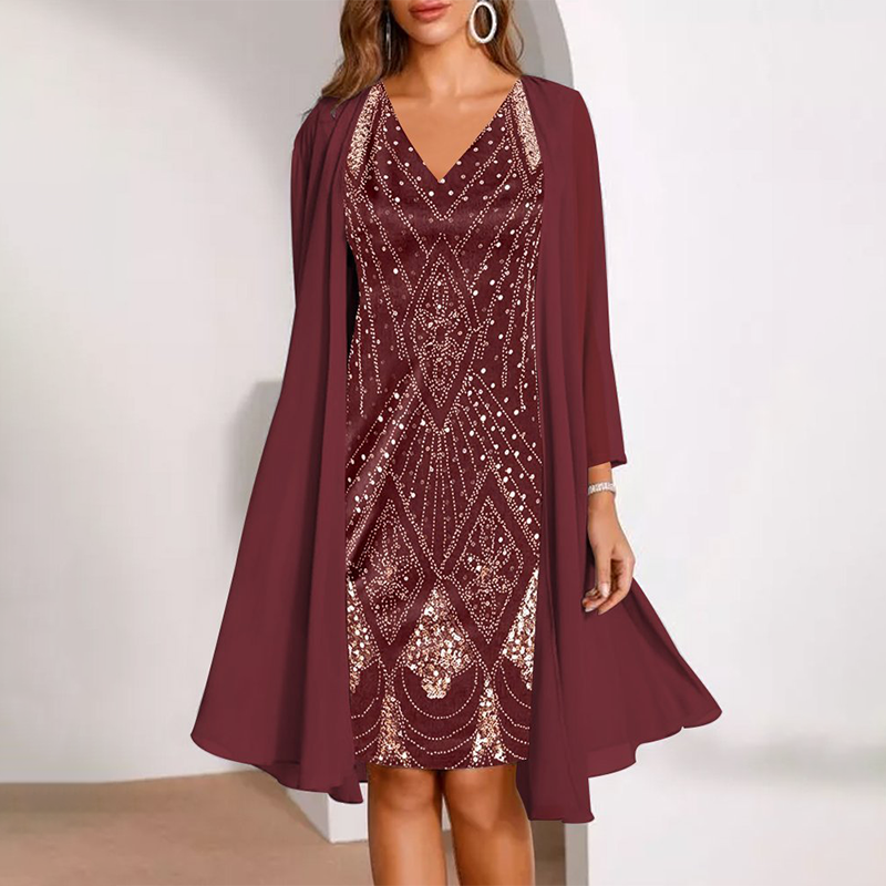 Women's Two-Piece Set: V-Neck Dress & Sheer Long Matching Jacket