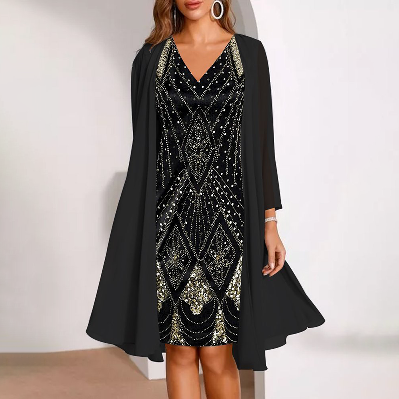 Women's Two-Piece Set: V-Neck Dress & Sheer Long Matching Jacket