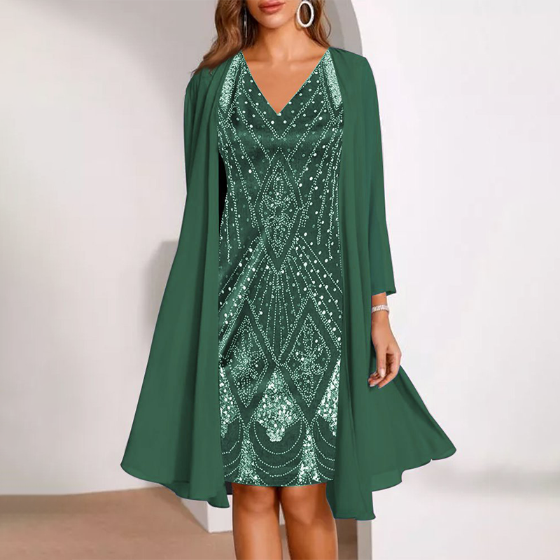 Women's Two-Piece Set: V-Neck Dress & Sheer Long Matching Jacket
